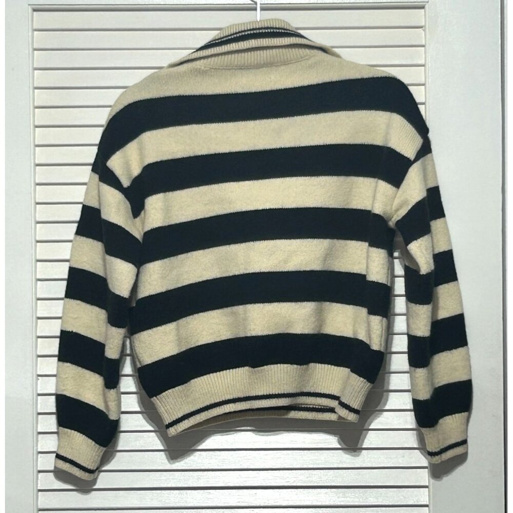 Frnch Paris Women's Black Cream Mika Striped Collared Crop Sweater Size S 3079 - Picture 9 of 12